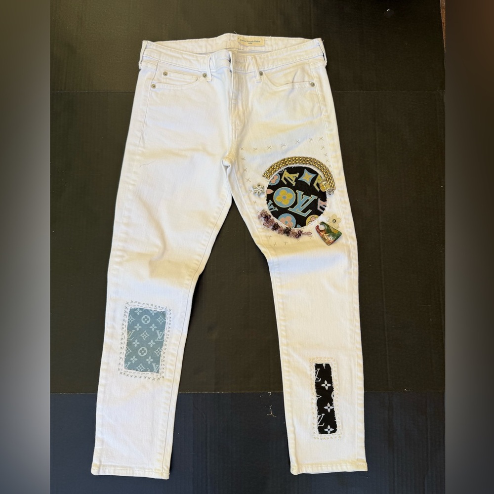 Designer Inspired Hand Stitched Upcycled Denim Straight Leg Jeans sz 28